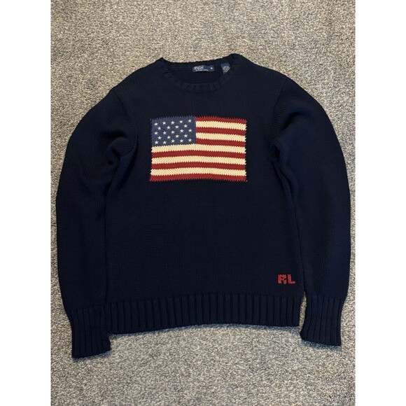 Rare Vintage POLO RALPH LAUREN American USA Flag Knit Sweater 90s Navy Blue XL